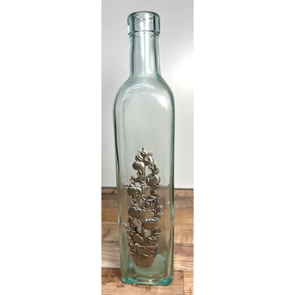 Decorative Clear Glass Bottle With Embossed  Pewter Floral Design